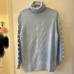Sky Blue Knit Sweater Chunky Turtleneck Pom Pom Sleeves Oversized Cozy Medium